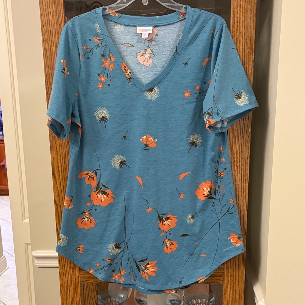 Blue and Orange Floral V-Neck Top